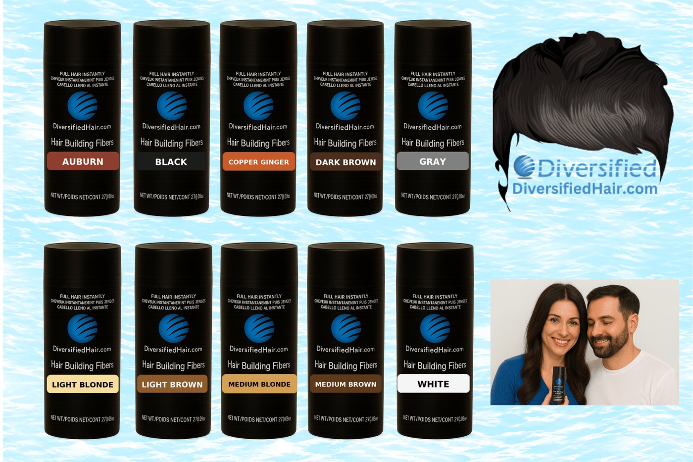 Diversified Hair building fiber containers shown across the full color range