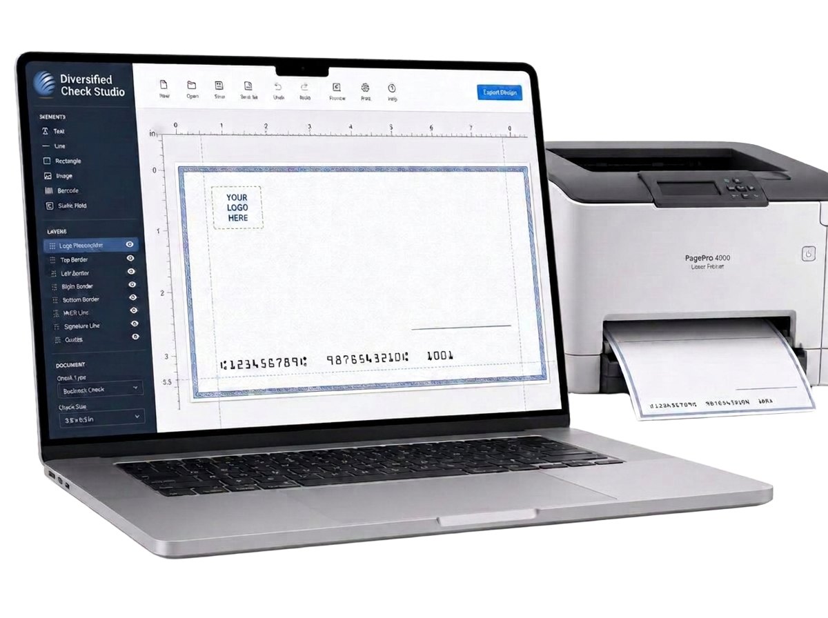 Diversified Check Studio shown on a laptop beside a check printer