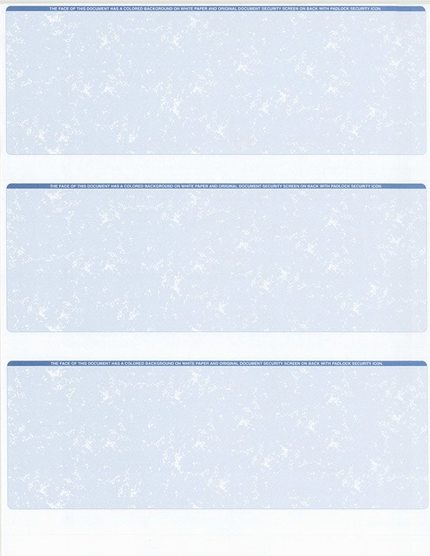 Three on a page blank check stock in blue marble from BuyBlankChecks.com